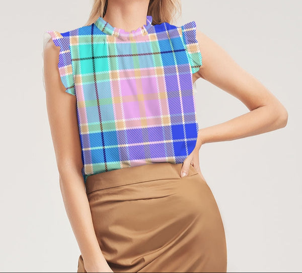 LOLLI GANG Women's PLAID Ruffle Sleeve Top