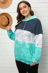 Plus Size Tie-Dye Color Block Tunic Hoodie with Kangaroo Pocket